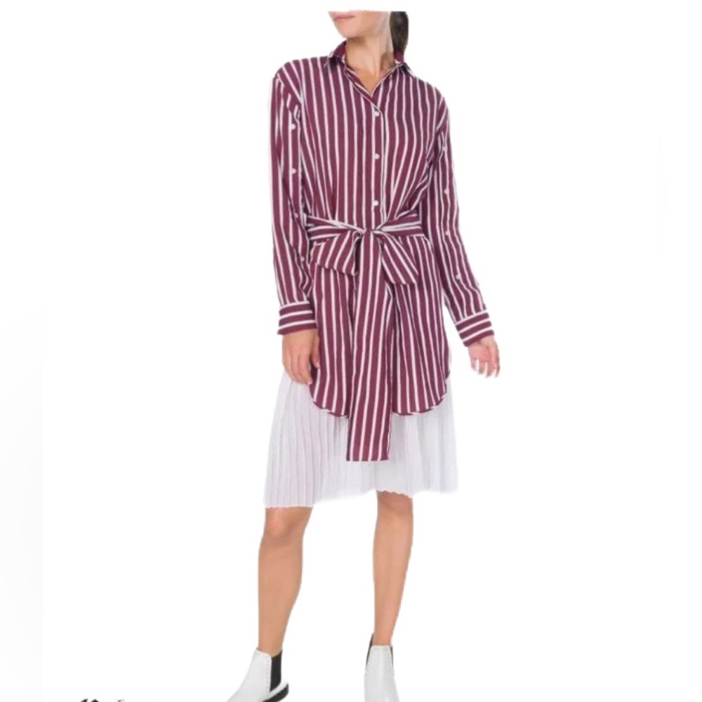 Sandro Paris Melia Pleated-Hem Burgundy & White Shirt Dress Size 38/8